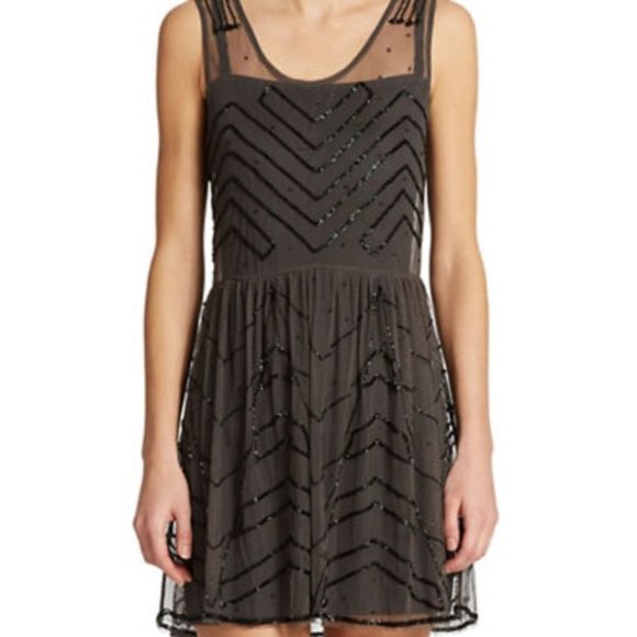 Free People Dresses & Skirts - Embellished Black Sleeveless Mesh Fit & Flare Dress